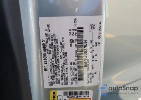 2013 Ford Fusion Se Hybrid z USA, uszkodzony, nr VIN 3FA6P0LU5DR178034